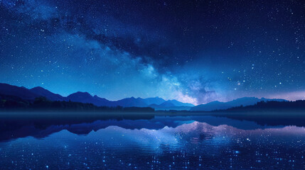 Starry night sky with Milky Way over tranquil mountain lake intended for peaceful background or contemplative nature theme usage - obrazy, fototapety, plakaty
