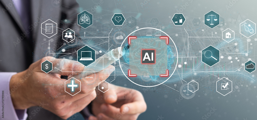 Poster man using tools ai. technology smart robot science and artificial intelligence technology, and innov