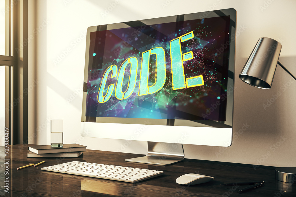 Aufkleber Creative Code word hologram on modern computer monitor, artificial intelligence and neural networks concept. 3D Rendering