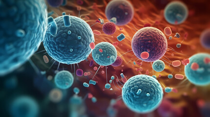 Various shapes of bacteria, probiotics under microscope, science, medicine concept background - obrazy, fototapety, plakaty