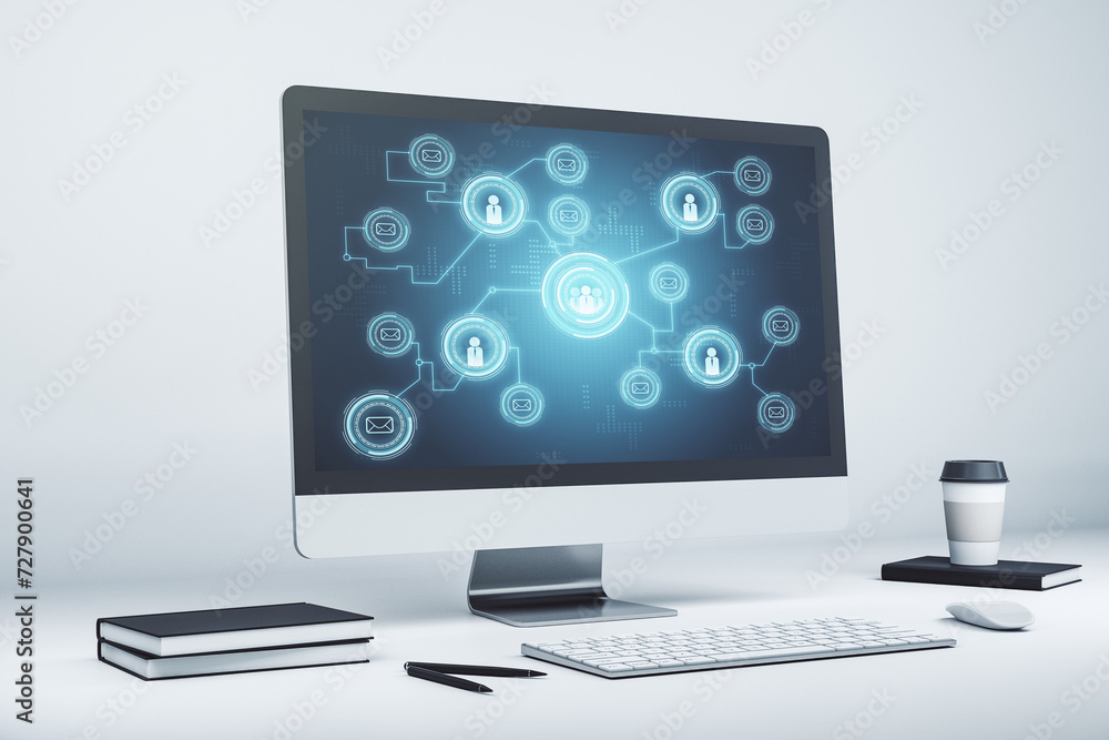 Poster social network concept on modern laptop screen. 3d rendering