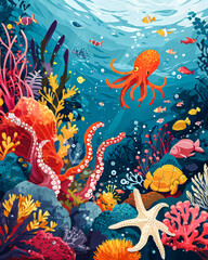 Children’s Undersea Illustration.  Generated Image.  A digital illustration of sea creatures in the ocean near a coral reef.