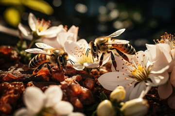 Close-up of bees pollinating white flowers suggesting a scene of nature and growth perfect for environmental and ecological concepts
