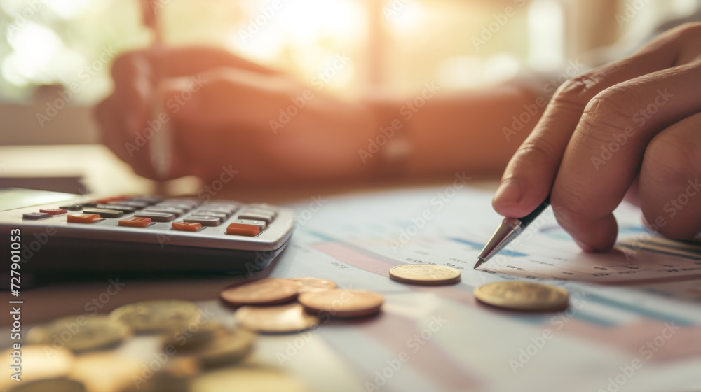 Poster close-up of a hand using a pen to press a button on a calculator with coins and financial documents 