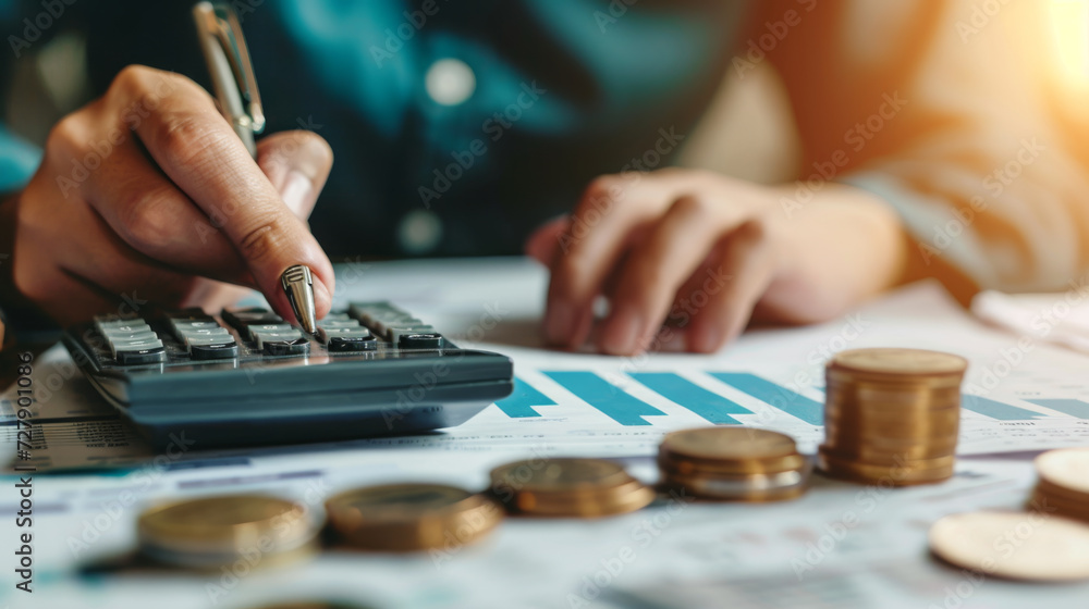 Poster close-up of a hand using a pen to press a button on a calculator with coins and financial documents 
