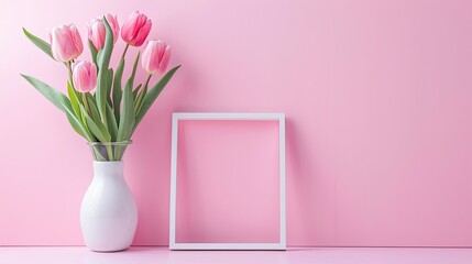 A visually appealing composition featuring an empty photo frame adorned with lovely pink tulips, providing a perfect backdrop for text.