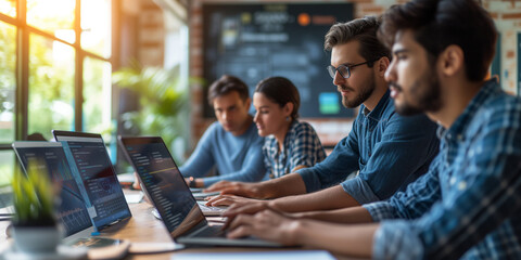 Team of focused professionals working on laptops in a modern office space.
