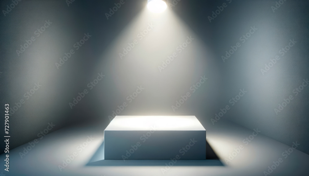 Poster minimalist white pedestal spotlighted on a textured gray background. display concept. generative ai