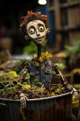 Handmade animated character in denim with a whimsical smile surrounded by plants suggesting a joyful mood for film merchandise and creative hobbies