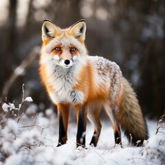 Alert fox standing in a snowy forest illustrating wildlife conservation education and nature themes