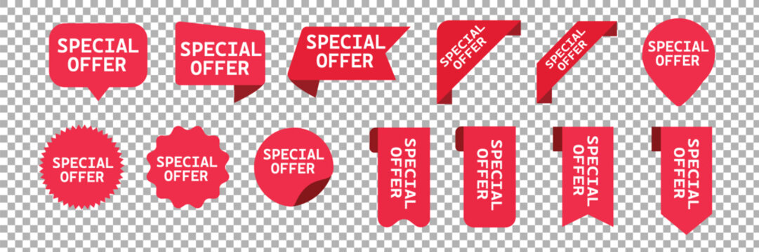 Set of special offer labels in red isolated on white background. Vector illustration Set of special offer labels and banners Vector special offer labels set, Set of vector stickers and ribbons 19