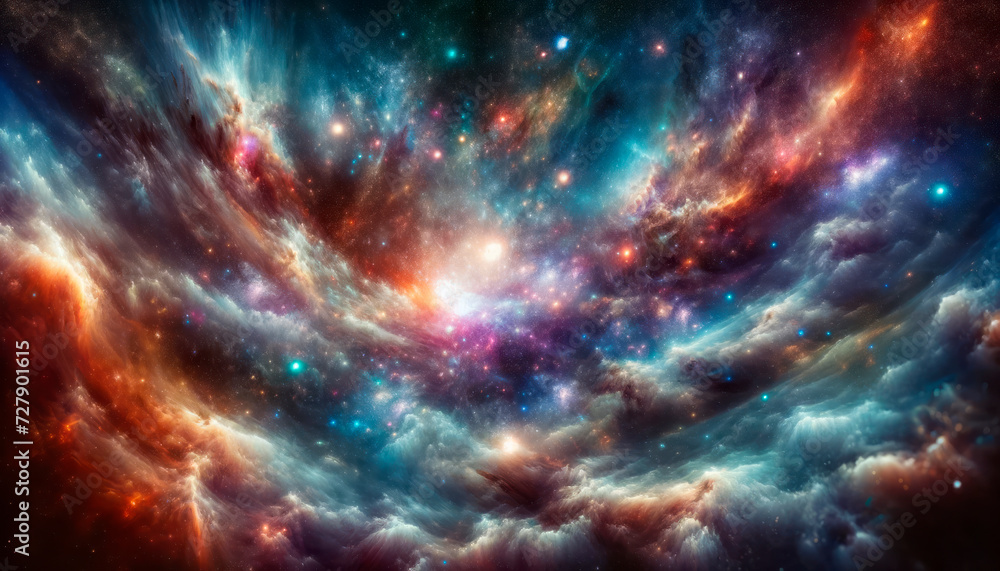 Poster Dynamic space scene with cosmic dust and colorful nebulae across the galaxy. Generative AI