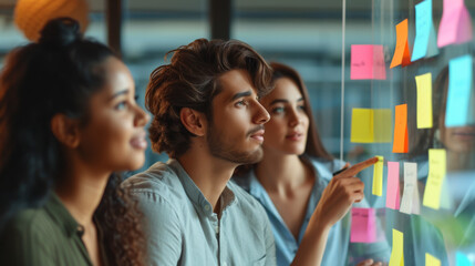 professionals in a brainstorming session, with a focus on a young man with curly hair pointing at sticky notes on a glass wall, indicating a collaborative work environment