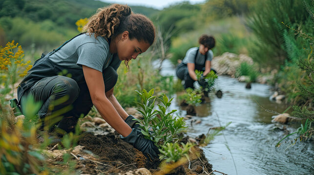 Young adults volunteering for river conservation planting trees for reforestation and sustainability