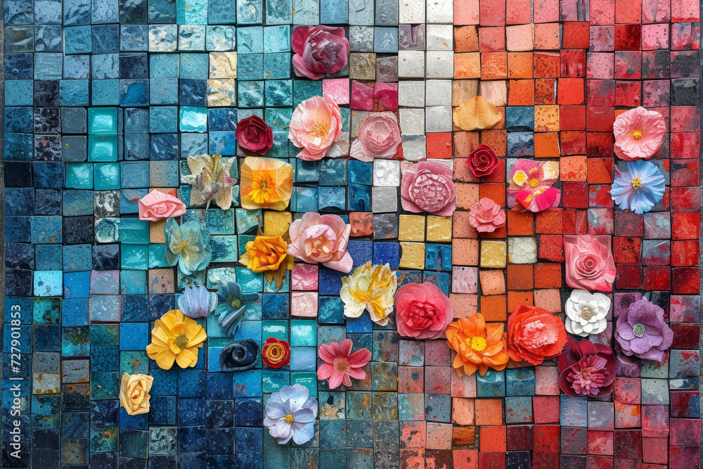 Poster a digital mosaic pattern, composed of intricate tiles forming a cohesive visual, representing the un