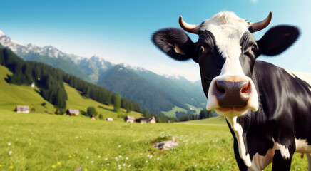 Black and white cow in a lush green meadow with mountain backdrop. Generative AI