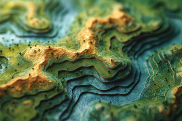 A topographic map illustration, highlighting elevation contours and geographic features,...