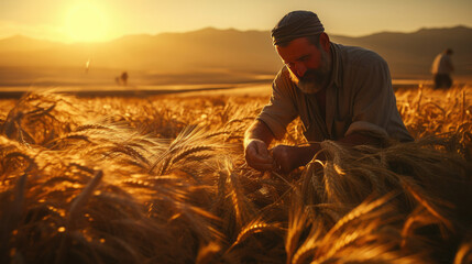 Mature bearded farmer inspecting wheat at sunset serene and dedicated worker in agriculture industry conveys peace and tradition in a rural environment