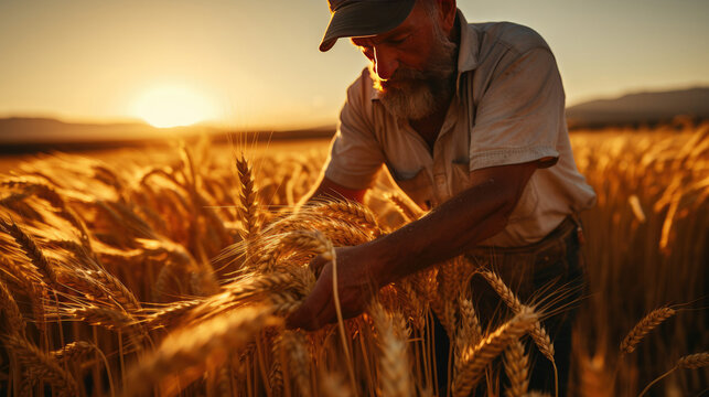 Elderly farmer examining wheat at sunset symbolizing agrotourism sustainability food industry harvest time and rural tradition