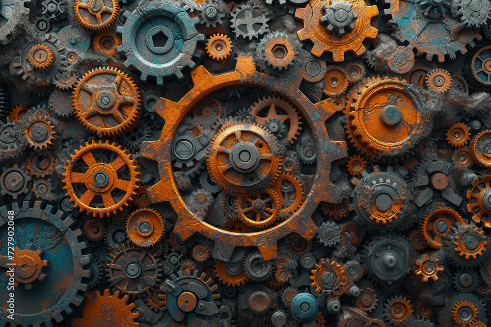 Poster a kaleidoscopic pattern of interconnected gears and cogs, symbolizing the complexity and interdepend
