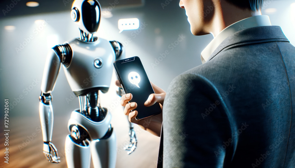 Poster Business professional with phone app controlling a humanoid robot. Smart technology integration concept. Generative AI