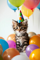 Fototapeta na wymiar birthday. fluffy gray kitten in a festive cap sits on a background of balloons