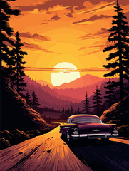 Fototapeta na wymiar Illustrate a scenic drive at sunset, showcasing a car moving along a picturesque road