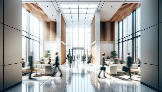 Elegant corporate atrium with glass ceiling and natural light. Business environment. Generative AI