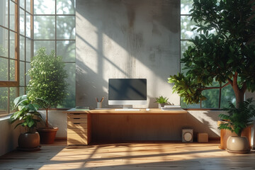 A minimalist workspace with sleek furniture and natural light, promoting a clean and focused environment for productivity and creative thinking. Concept of minimalist work aesthetics. Generative Ai.