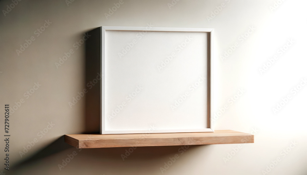Poster stylish wooden shelf with square frame mockup and shadow play. interior elegance concept. generative