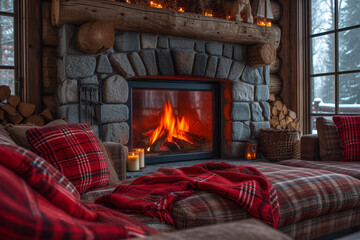 A cozy fireplace scene, with a crackling fire and comfortable seating, creating an intimate ambiance for winter evenings. Concept of fireside comfort. Generative Ai.