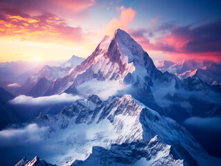 Sunset alpenglow on a majestic mountain summit above the clouds. Generative AI