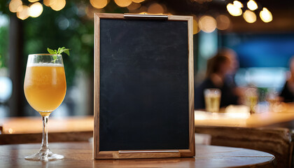 Close-up of a menu frame mockup with food and drinks in the background., with a blurred or bokeh background.