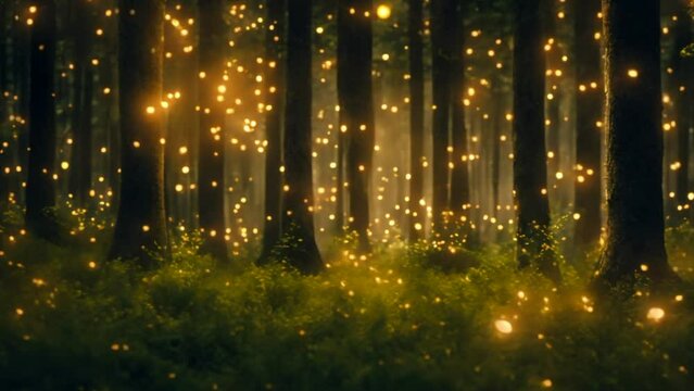 Beautiful fairy-tale dense forest with burning fireflies in the background, generated ai
