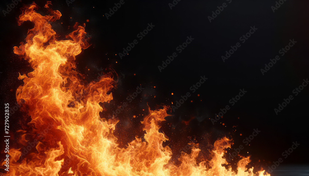Poster lively flames ascending against a dark backdrop with sparks. energetic fire texture. generative ai