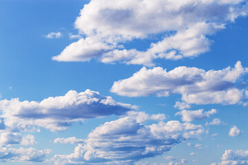 Naklejka na ściany i meble Blue sky with white clouds, tranquil blue trend color, pastel colored cloudscape. Fluffy heaven pattern. Beautiful Cloudy background, nature environment backdrop, wallpaper, screensaver