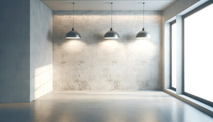 Modern interior with exposed brick wall illuminated by pendant lights. Urban chic and design concept. Generative AI
