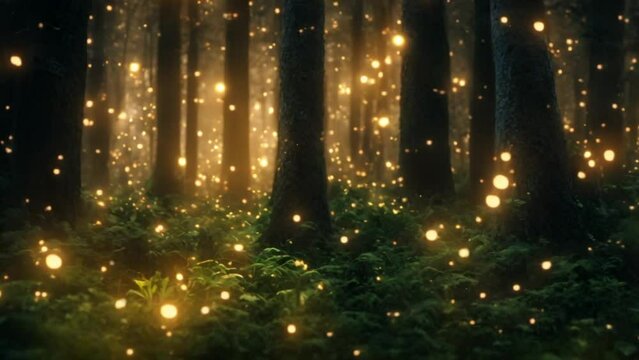 Beautiful fairy-tale dense forest with burning fireflies in the background, generated ai