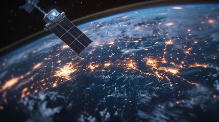A network of satellites in orbit, beaming down high-speed internet to remote parts of the world.  - obrazy, fototapety, plakaty