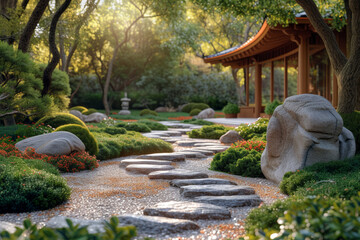 A serene meditation garden with Zen-inspired elements, providing a space for introspection and...