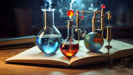 Cute kid scientist Medieval laboratory with planets and glass vials 