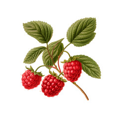a raspberry with green leaves