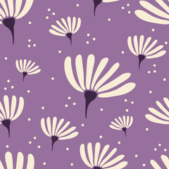 Aesthetic contemporary seamless pattern with daisy flowers and polka dot. White chamomiles on purple. Modern floral print for textile, fabric, wallpaper, wrapping, gift wrap, paper, scrapbook and pack