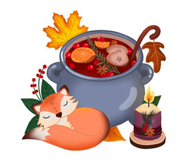 A fox altar with a cauldron of mulled wine. Ai file
