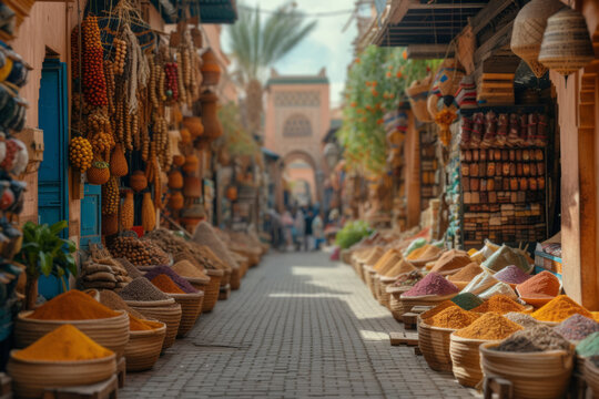 A bustling local market in Marrakech, teeming with vibrant colors, aromatic spices, and intricate crafts, immersing visitors in the richness of Moroccan culture. Generative Ai.