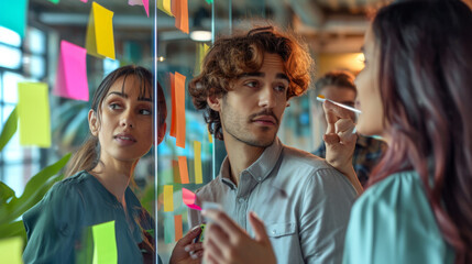 professionals in a brainstorming session, with a focus on a young man with curly hair pointing at sticky notes on a glass wall, indicating a collaborative work environment