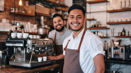Fototapeta na wymiar two smiling men in a cafe, one in the foreground wearing a white shirt and leather apron