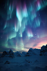 Breathtaking view of Aurora Borealis over snow-covered mountains ideal for travel and tourism