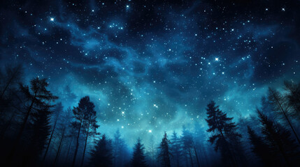Starry night sky over silhouette of forest suitable for meditation wallpaper or fantasy backdrop - obrazy, fototapety, plakaty