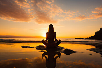 Silhouette of a woman meditating on the beach at sunset conveying serenity wellness and spirituality ideal for health and yoga industry